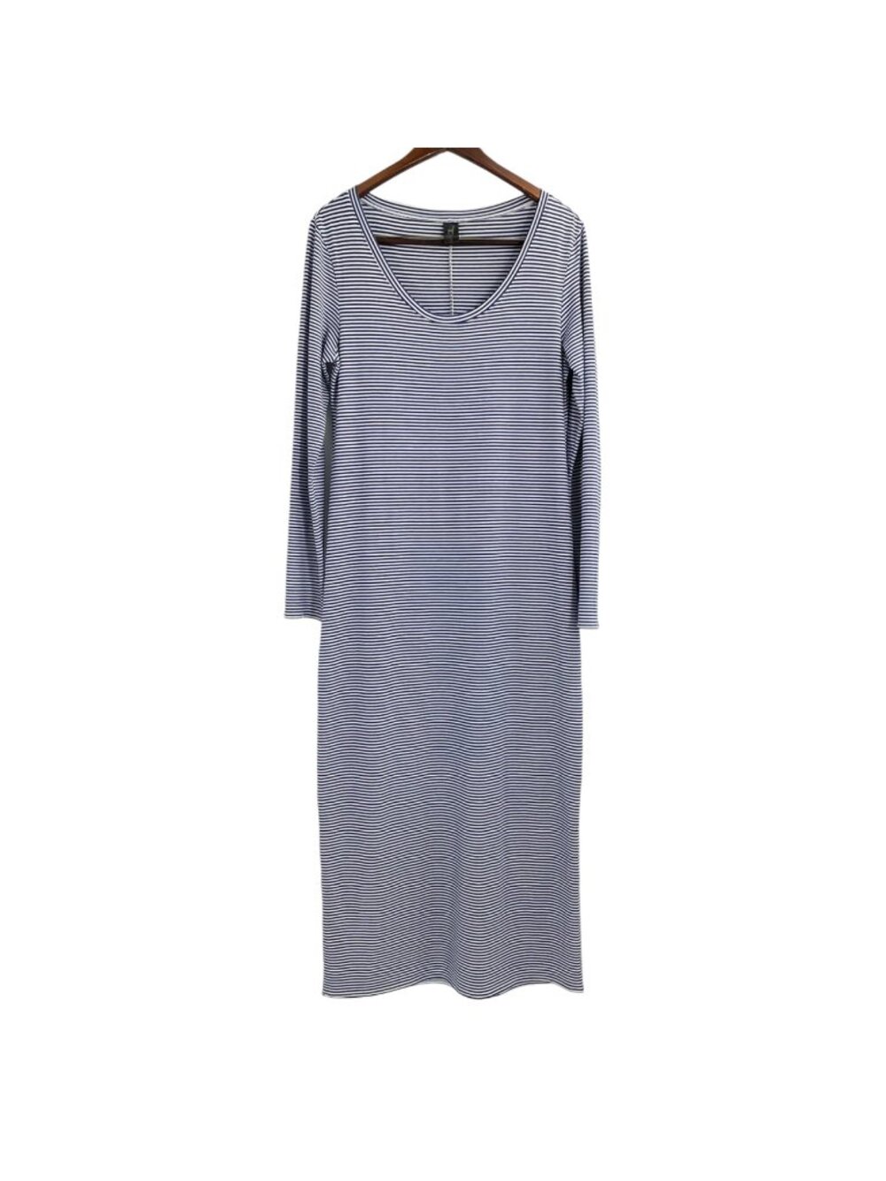 Peruvian Connection Blue White Stripe Long Sleeve Scoop Neck Maxi Dress Womens M